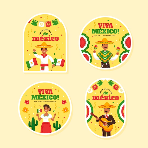 Vector gratuito colección de etiquetas de independencia de méxico planas