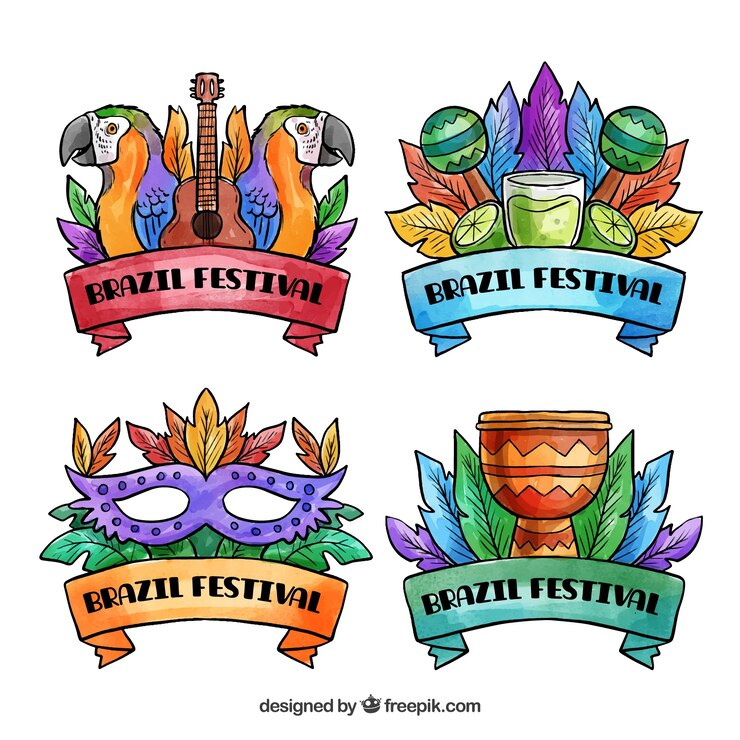 Vector gratuito colección de etiquetas/insignias en acuarela del carnaval brasileño
