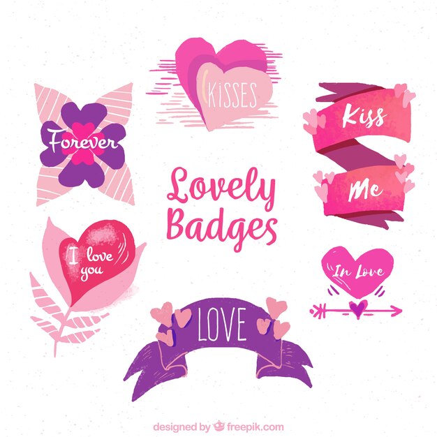Colección de etiquetas / insignias de San Valentín en acuarela