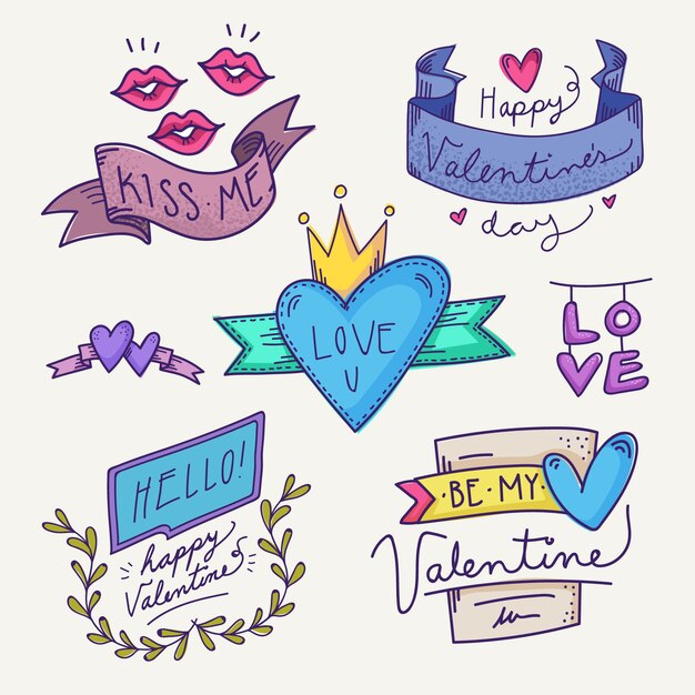 Colección de etiquetas / insignias de San Valentín dibujadas a mano