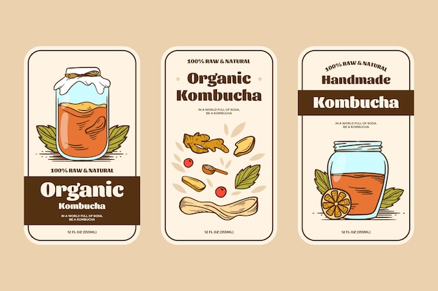 Vector gratuito colección de etiquetas de kombucha dibujadas a mano