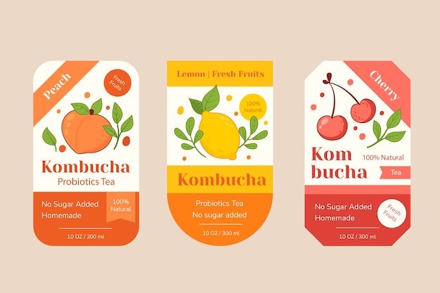 Colección de etiquetas de kombucha dibujadas a mano