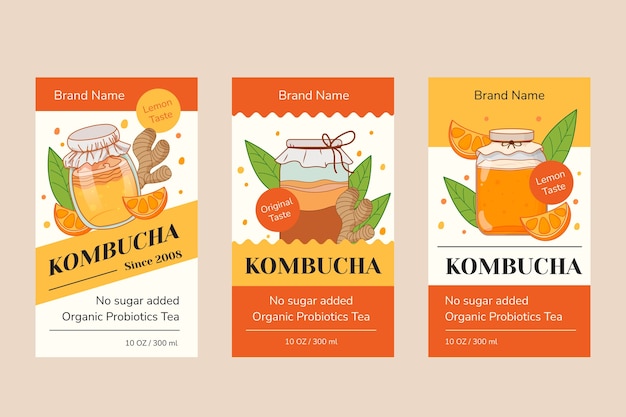 Vector gratuito colección de etiquetas de kombucha dibujadas a mano