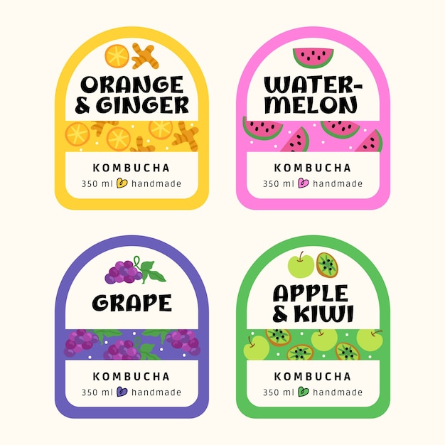 Colección de etiquetas de kombucha dibujadas a mano