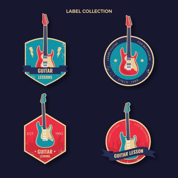 Vector gratuito colección de etiquetas de lecciones de guitarra vintage planas