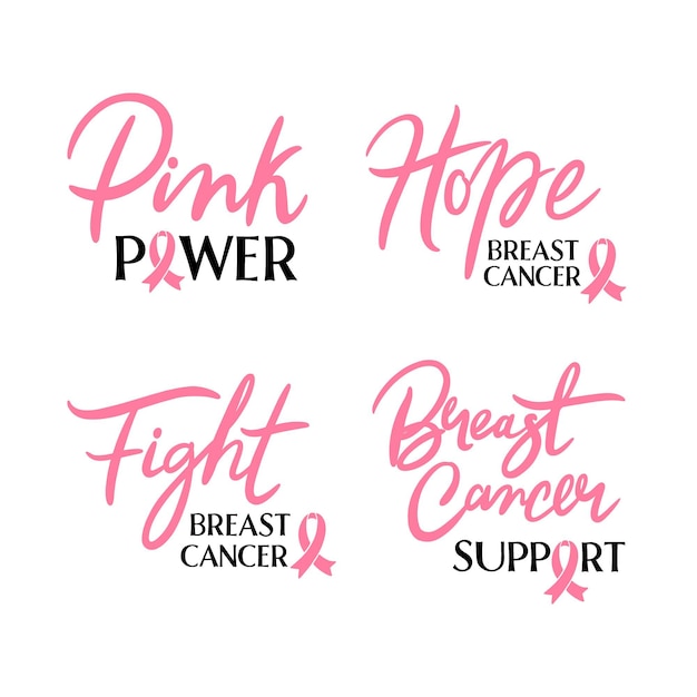 Colección de etiquetas de letras del día internacional contra el cáncer de mama dibujadas a mano