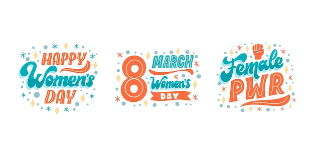Colección de etiquetas de letras del día internacional de la mujer dibujadas a mano