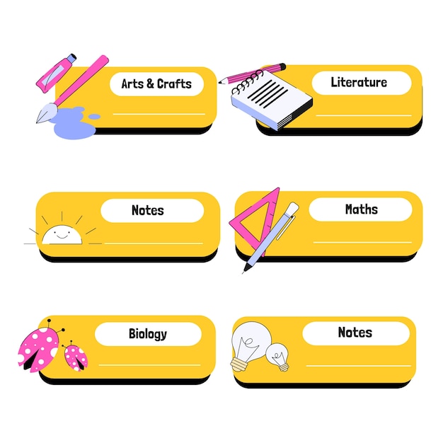 Colección de etiquetas de libretas dibujadas a mano