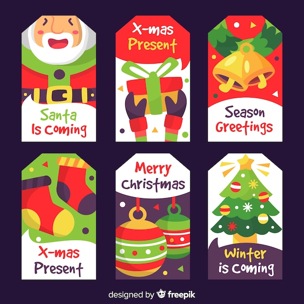 Colección de etiquetas navideñas de diseño plano