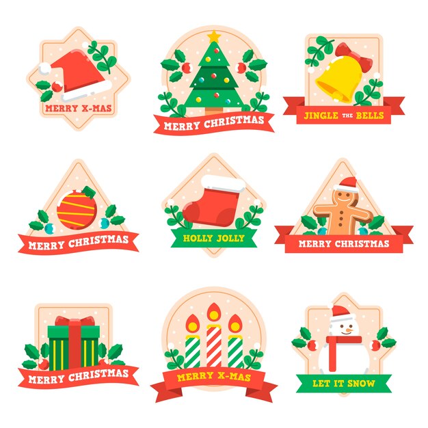 Colección de etiquetas navideñas de diseño plano