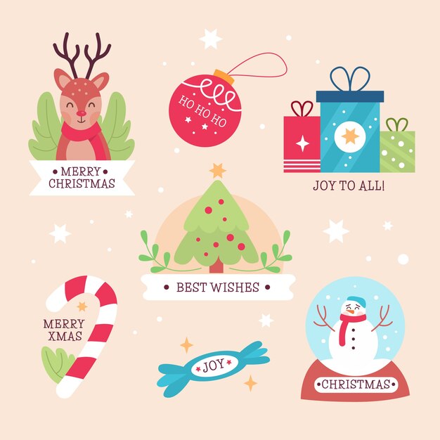 Colección de etiquetas navideñas de diseño plano