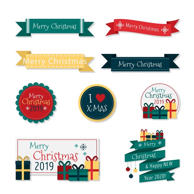 Colección de etiquetas navideñas de diseño plano