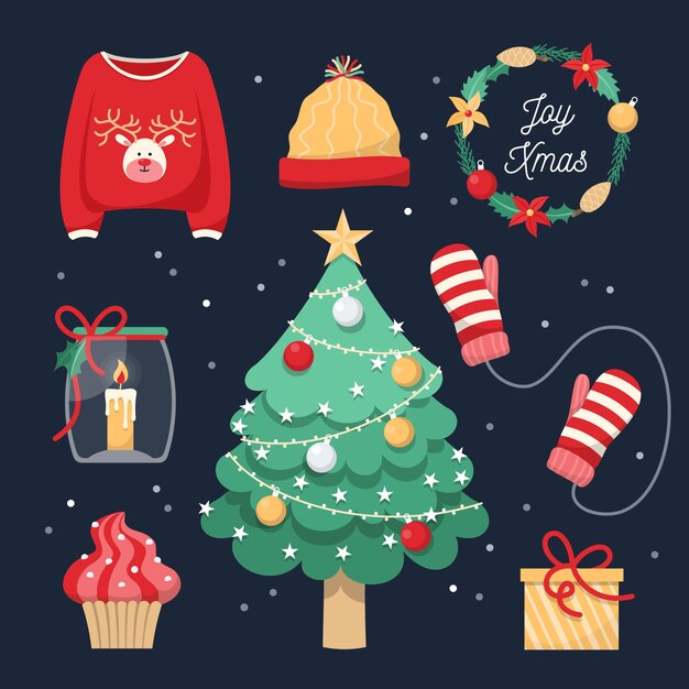 Colección de etiquetas navideñas en diseño plano