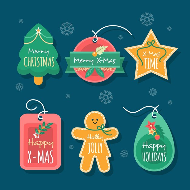 Colección de etiquetas navideñas en diseño plano