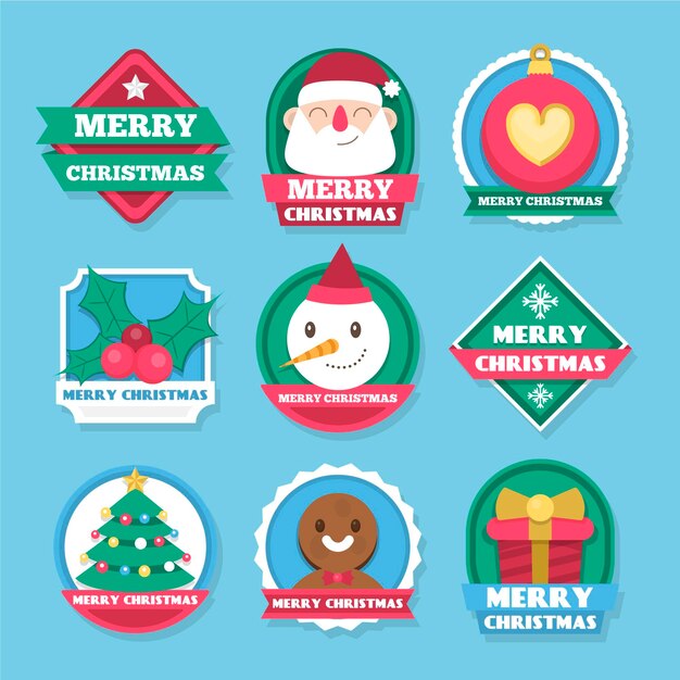 Colección de etiquetas navideñas en diseño plano