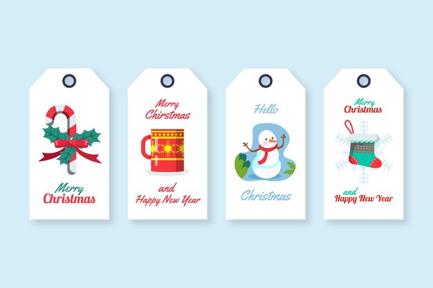 Colección de etiquetas navideñas en diseño plano