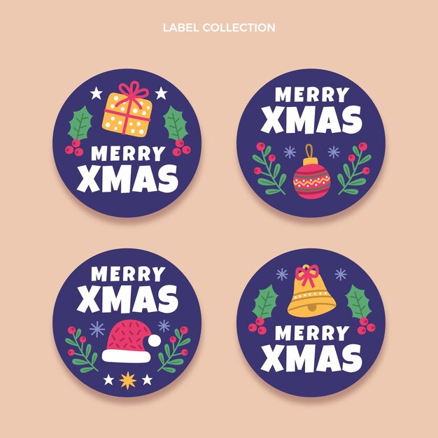 Colección etiquetas navideñas planas dibujadas a mano