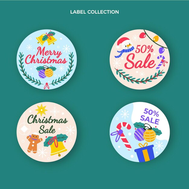 Colección etiquetas navideñas planas dibujadas a mano