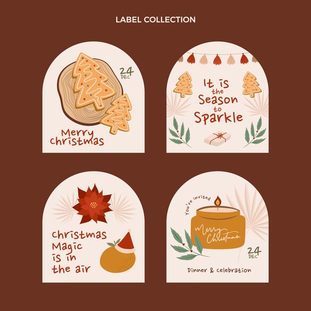 Colección etiquetas navideñas planas dibujadas a mano