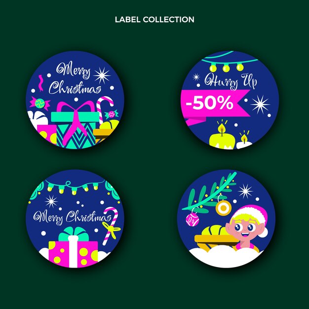 Colección etiquetas navideñas planas dibujadas a mano