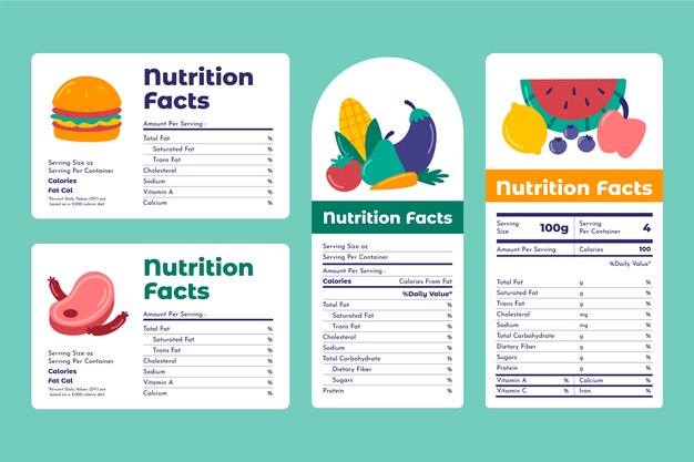 Colección de etiquetas nutricionales en diseño plano