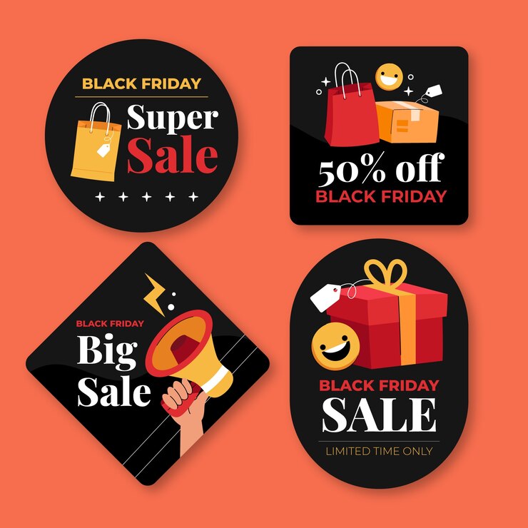 Vector gratuito colección de etiquetas o distintivos para las rebajas del viernes negro.