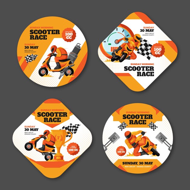 Vector gratuito colección de etiquetas planas para carreras con moto