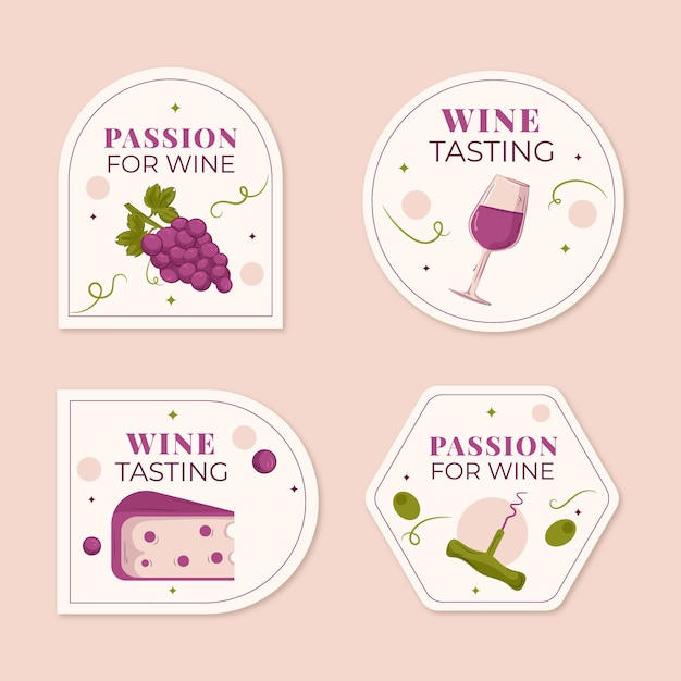 Colección de etiquetas planas de cata de vinos