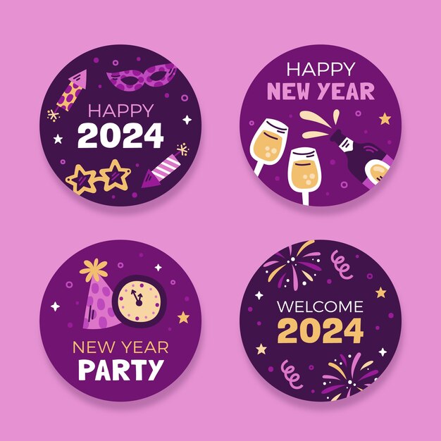 Colección de etiquetas planas para celebración de año nuevo.