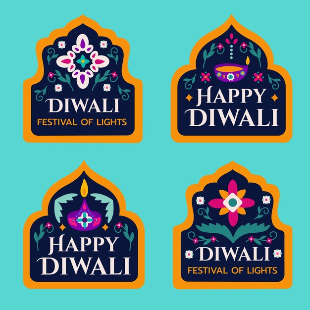 Colección de etiquetas planas para la celebración del festival diwali.