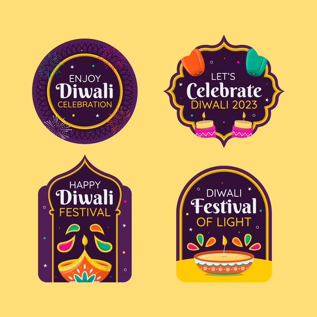 Colección de etiquetas planas para la celebración del festival diwali.
