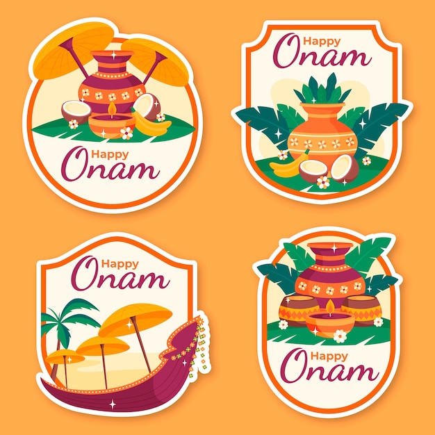 Vector gratuito colección de etiquetas planas para la celebración del festival onam