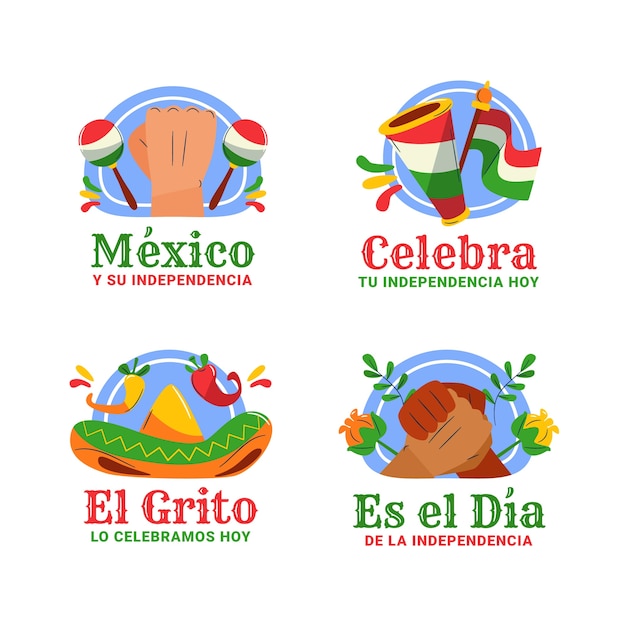 Vector gratuito colección de etiquetas planas para la celebración de la independencia de méxico