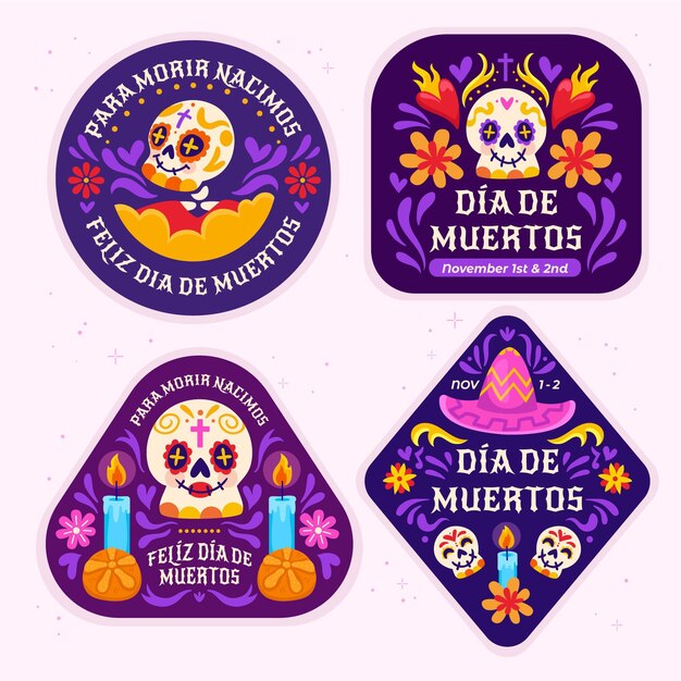 Colección etiquetas planas dia de muertos dibujadas a mano