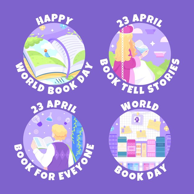 Colección de etiquetas planas del día mundial del libro