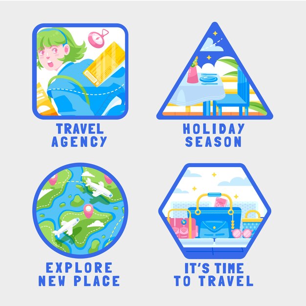 Colección de etiquetas planas dibujadas a mano para agencias de viajes