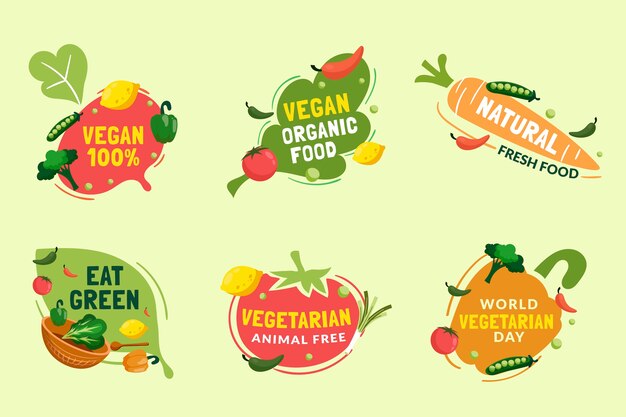 Colección de etiquetas planas dibujadas a mano del día mundial vegetariano