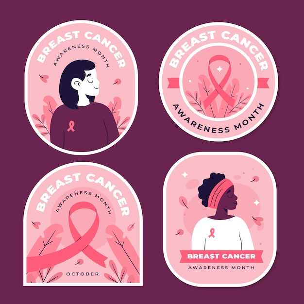 Vector gratuito colección de etiquetas planas dibujadas a mano del mes de concientización sobre el cáncer de mama