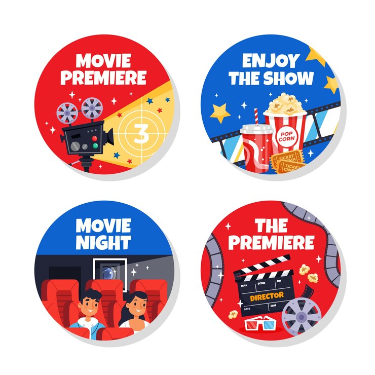 Vector gratuito colección de etiquetas planas para evento de estreno de película.
