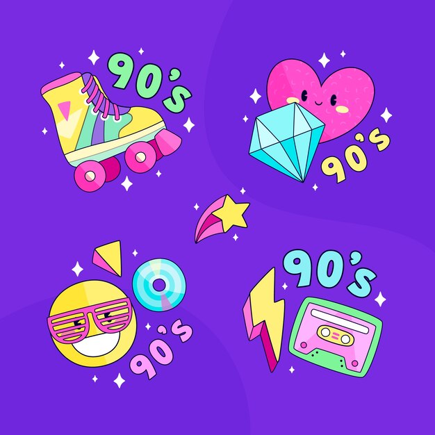 Colección de etiquetas planas de fiesta de los 90