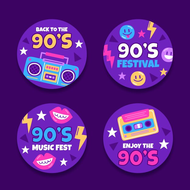 Colección de etiquetas planas de fiesta de los 90