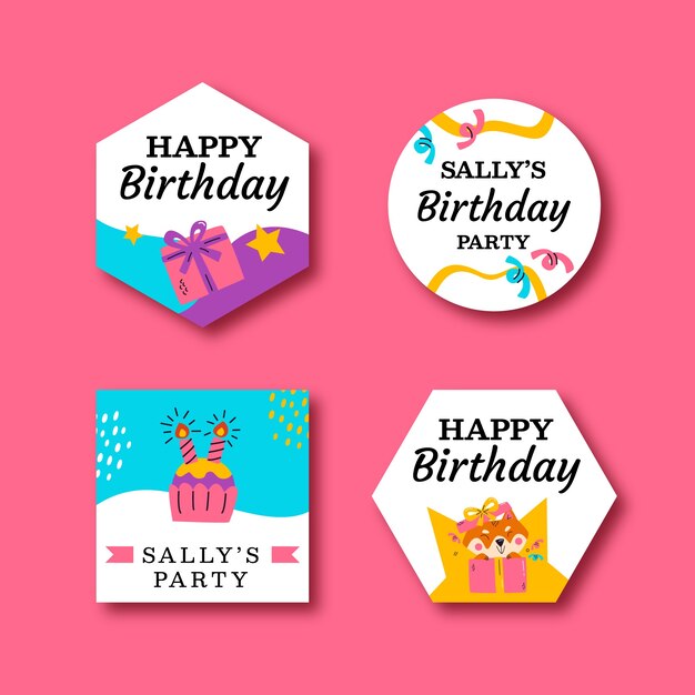 Colección de etiquetas planas para fiesta de cumpleaños infantil.