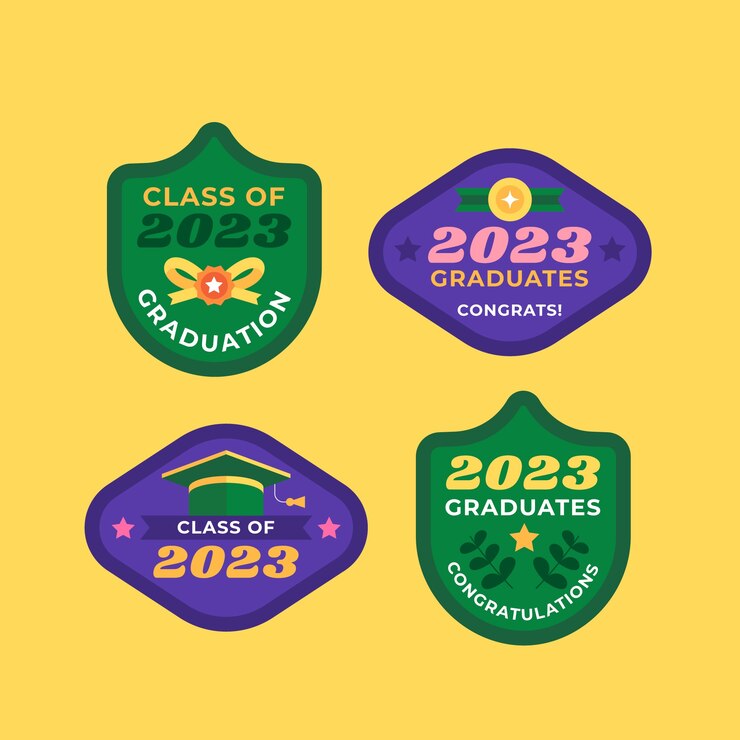 Vector gratuito colección de etiquetas planas para la graduación de la clase 2023