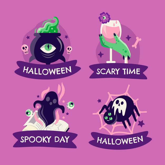 Colección de etiquetas planas de halloween dibujadas a mano