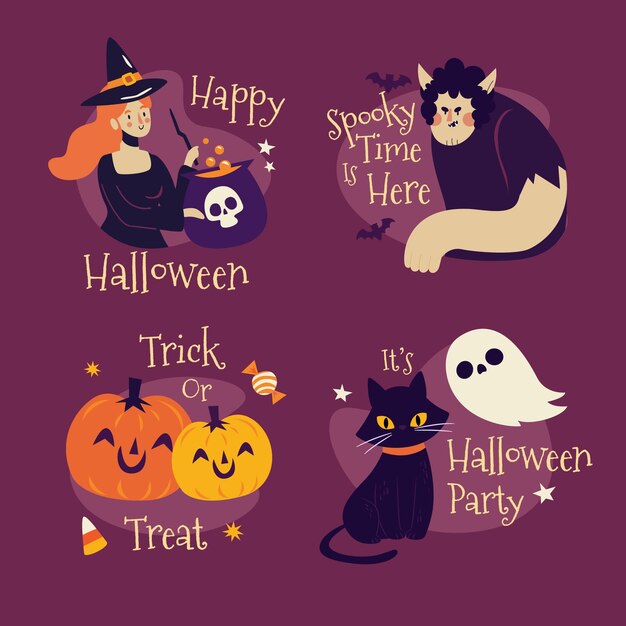 Colección de etiquetas planas de halloween dibujadas a mano