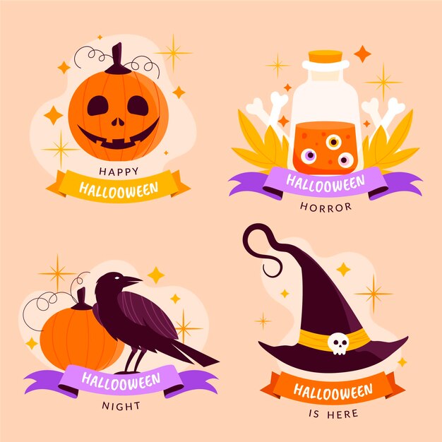 Colección de etiquetas planas de halloween dibujadas a mano