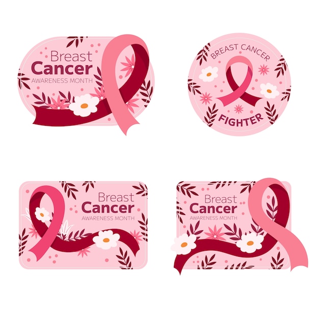 Vector gratuito colección de etiquetas planas del mes de concientización sobre el cáncer de mama