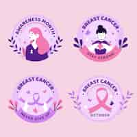 Vector gratuito colección de etiquetas planas del mes de concientización sobre el cáncer de mama