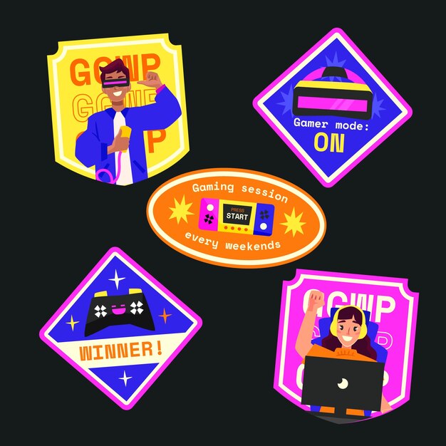 Colección de etiquetas planas de neón para juegos y ocio