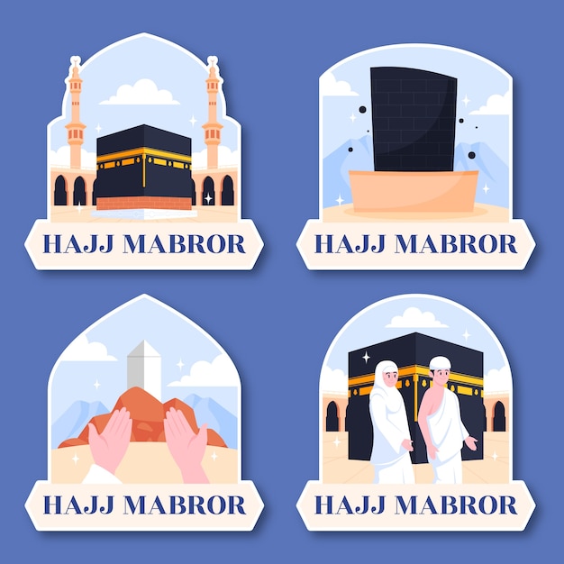 Vector gratuito colección de etiquetas planas para la peregrinación islámica del hajj